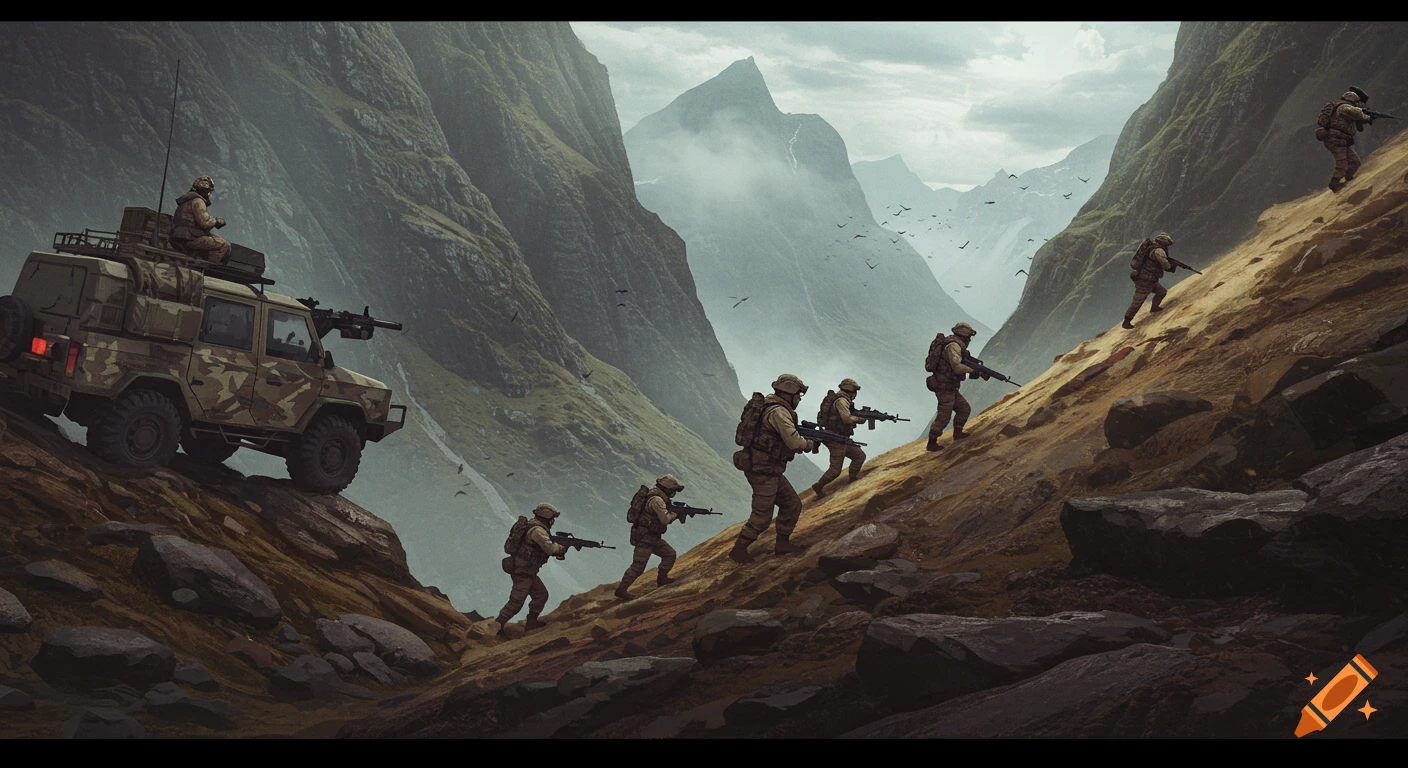 A graphic novel style illustration of soldiers scurrying up a mountain in enemy territory with a military vehicle.