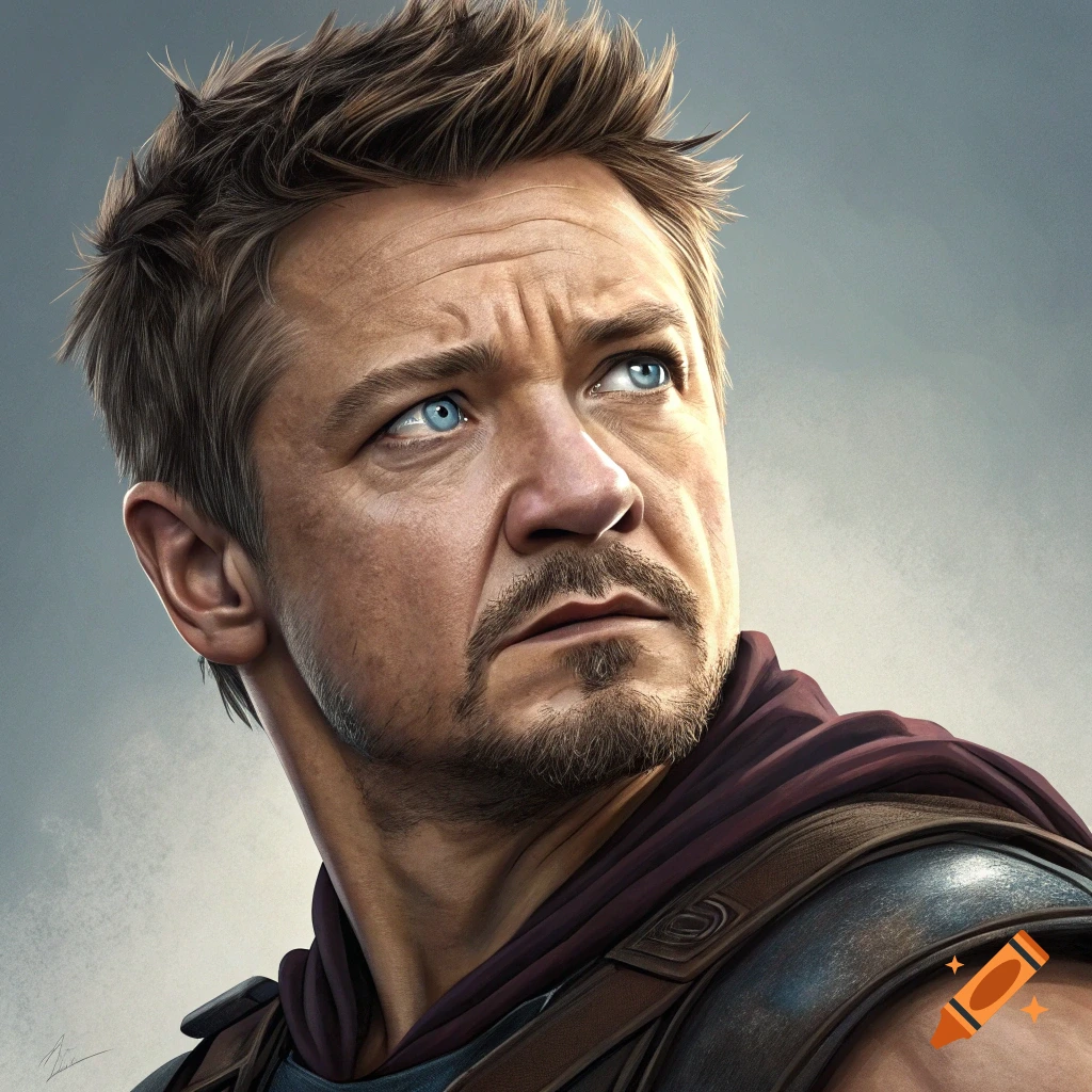 Realistic portrait of Jeremy Renner with blue eyes and a beard, looking up, wearing dark armor and a maroon cloak.