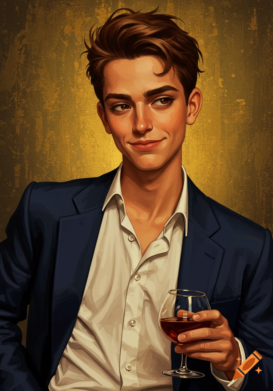 Illustrative portrait of a young man with brown hair, blue blazer, holding a glass of red wine, against a golden background.