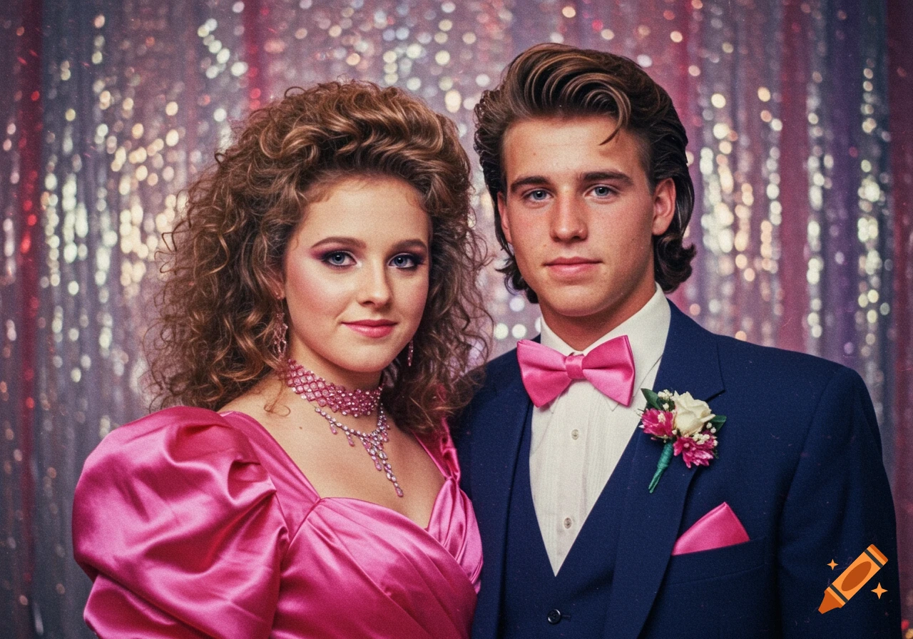 A young couple poses for an 80s prom photo, with big hair and retro outfits against a sparkly backdrop.