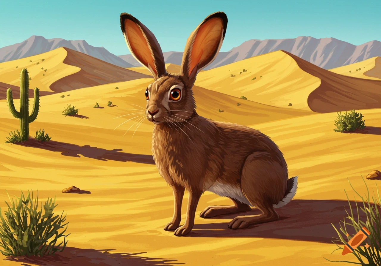 An illustrated brown jackalope with long ears stands in a sunny desert with sand dunes, mountains, and a cactus.