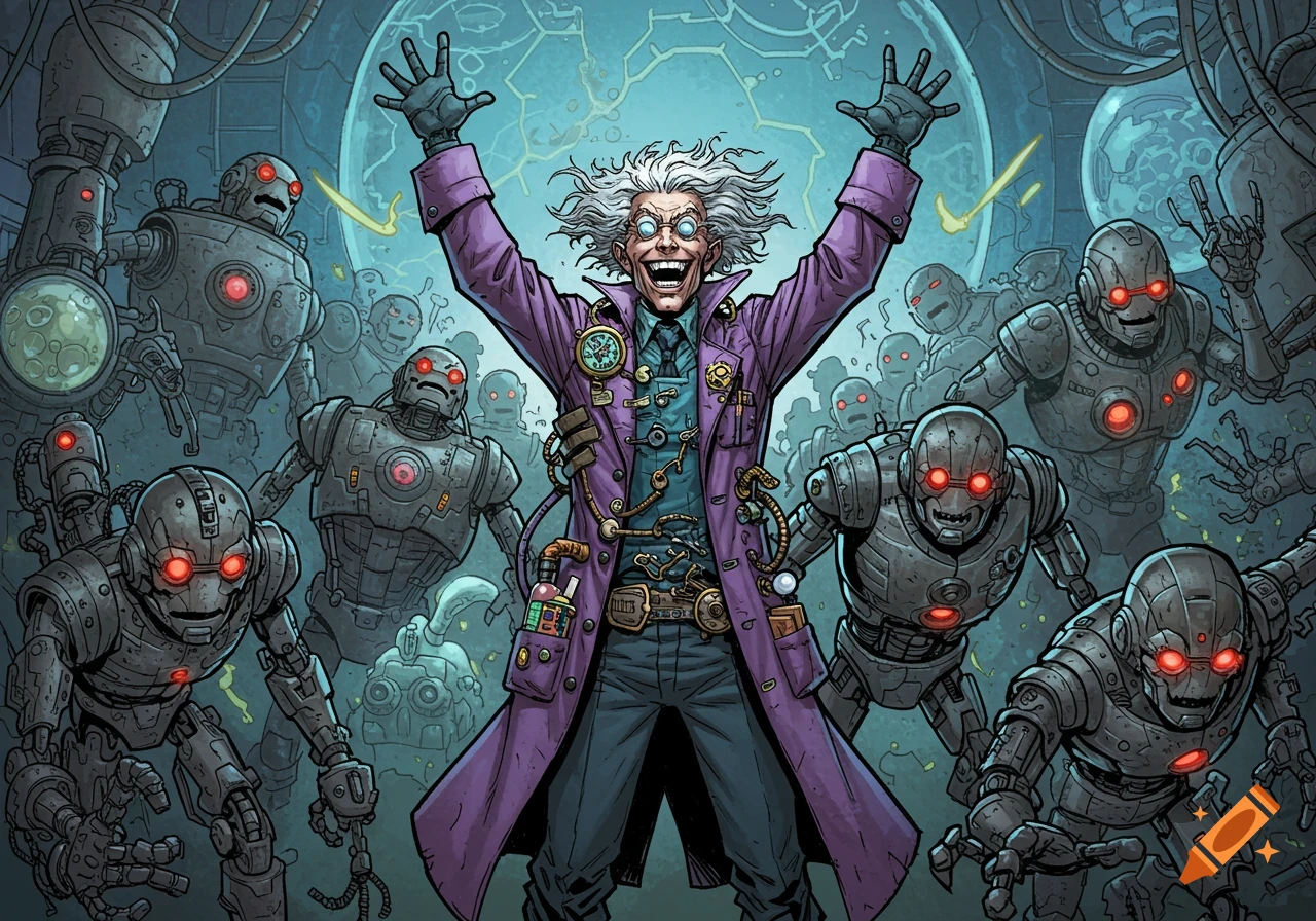 A grinning mad scientist with wild white hair, wearing a purple coat, raises his arms surrounded by an army of grey robots with red eyes in a comic book style.