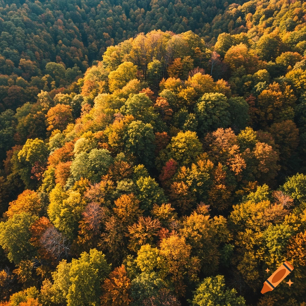 Aerial view of a vibrant autumn forest with trees displaying a mix of yellow, orange, and green foliage.