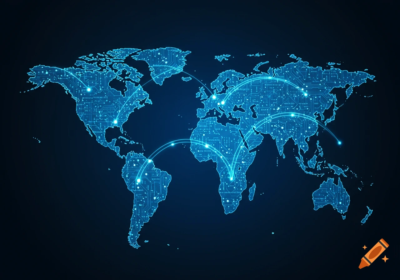 A digital world map with glowing blue circuit board patterns and connecting lines.