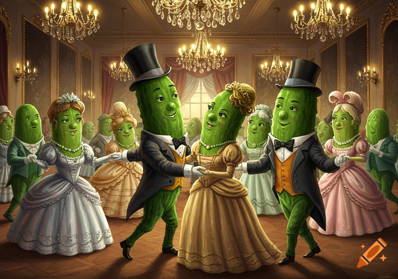 Anthropomorphic pickles in formal 19th-century ballroom attire dance under ornate chandeliers.