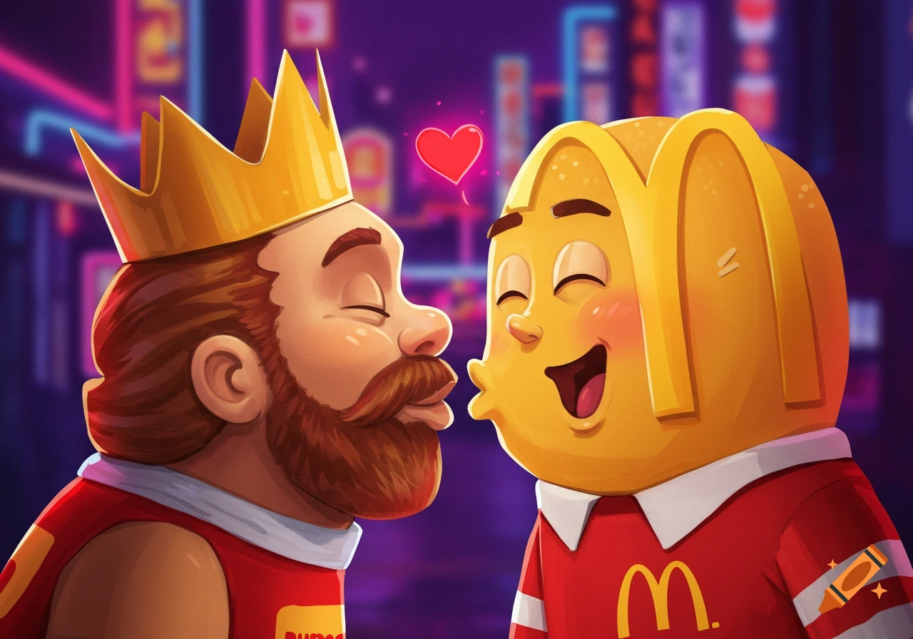 Vibrant cartoon illustration of Burger King and McDonald's mascots leaning in for a kiss with a heart floating above them.