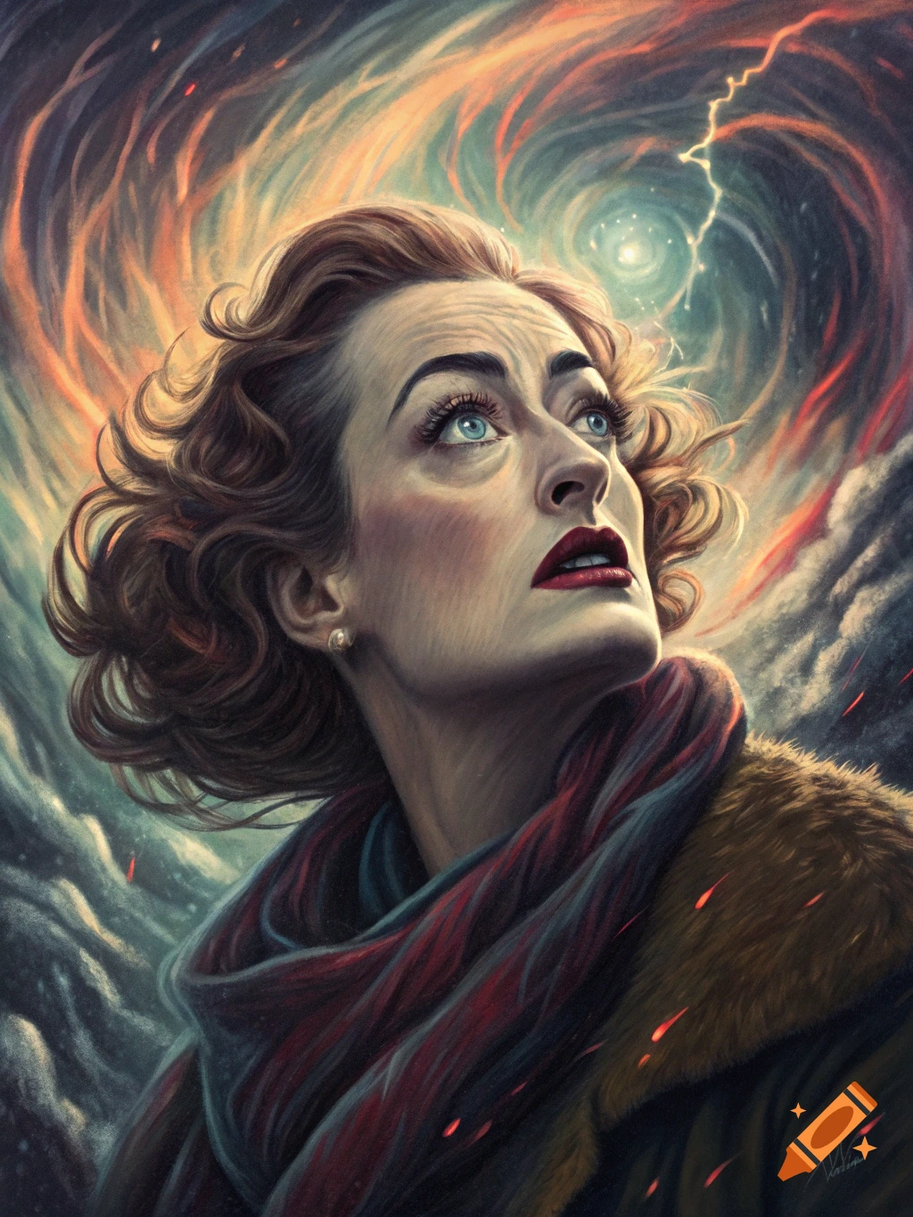 Oil painting of a woman with curly hair looking up in fear, against a swirling orange and dark storm with lightning.