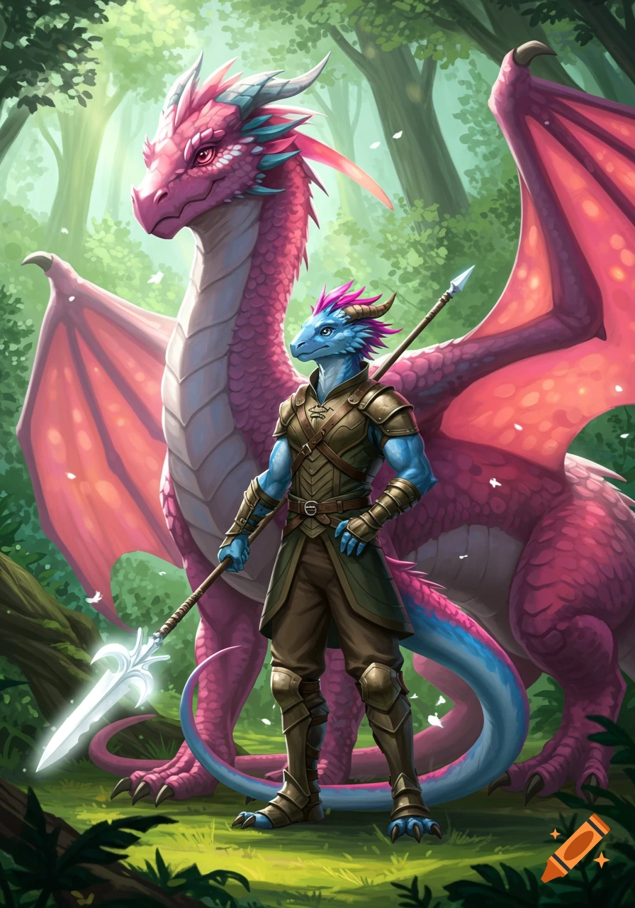A blue Dragonborn ranger with a spear stands beside a large pink dragon in a lush forest, in a fantasy art style.