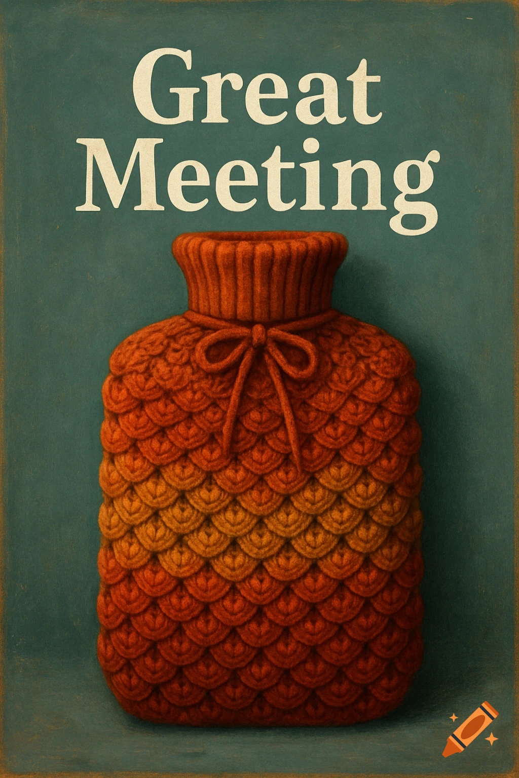 An illustrated hot water bottle with a textured orange and yellow crochet cover, featuring the text 'Great Meeting' on a teal background.