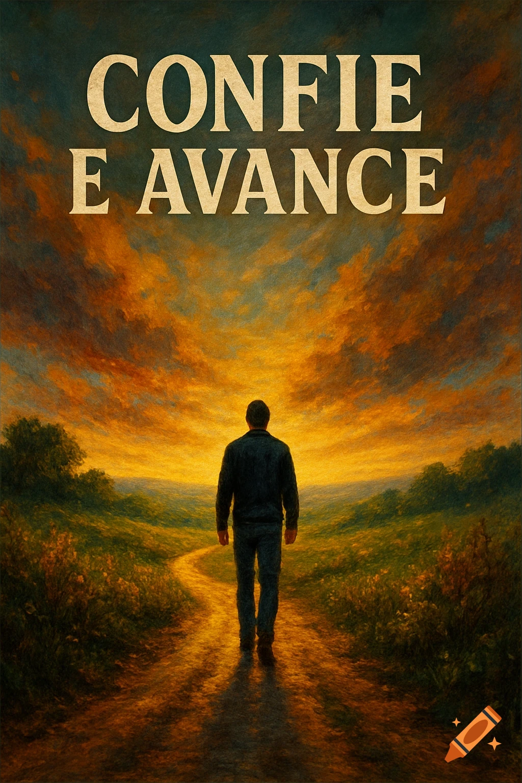 A man walks down a winding path towards a vibrant orange and yellow sunset under the text 'CONFIE E AVANCE'.