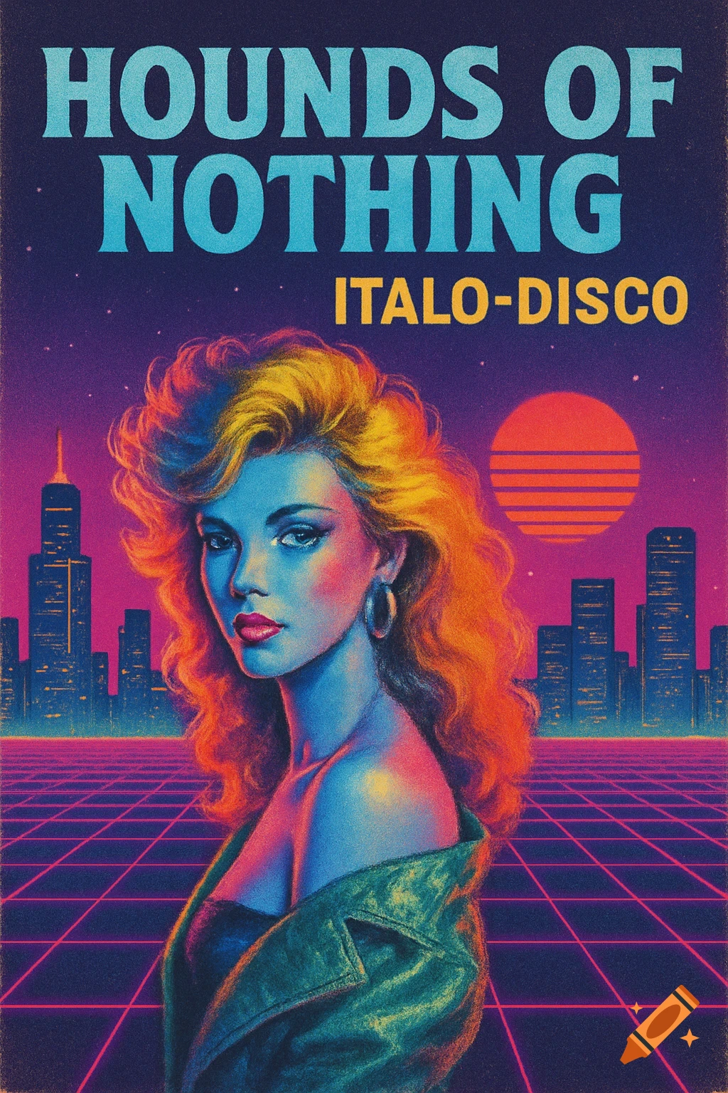 A retro album cover featuring a woman with big hair in front of a neon cityscape and grid, with text 'HOUNDS OF NOTHING ITALO-DISCO'.