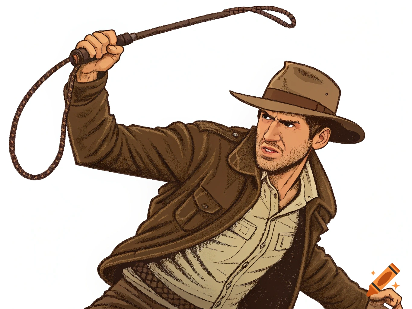 An angry Indiana Jones in a brown hat and jacket, raising a whip above his head against a white background.