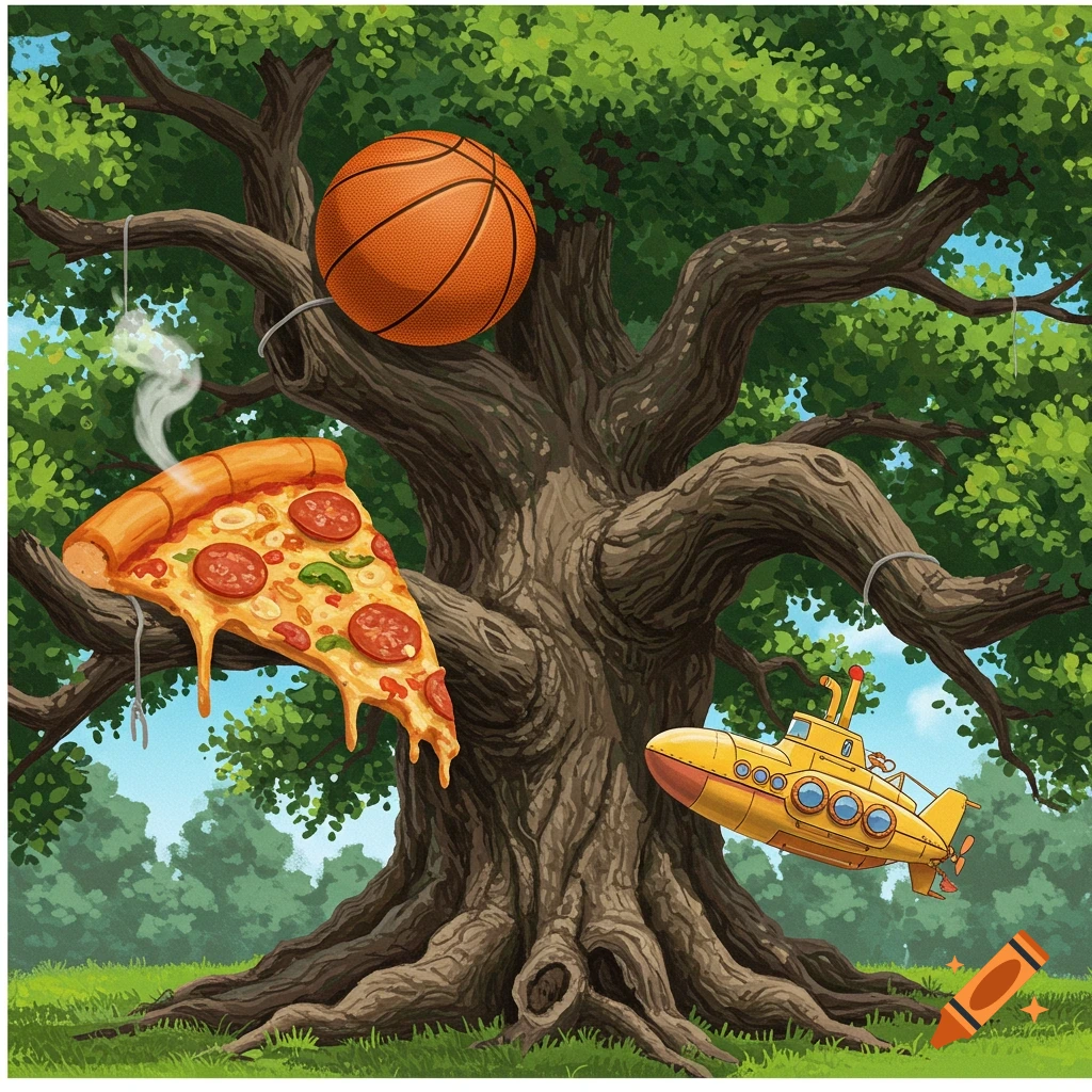An illustration of a large tree with a basketball, a slice of pepperoni pizza, and a yellow submarine hanging from its branches.