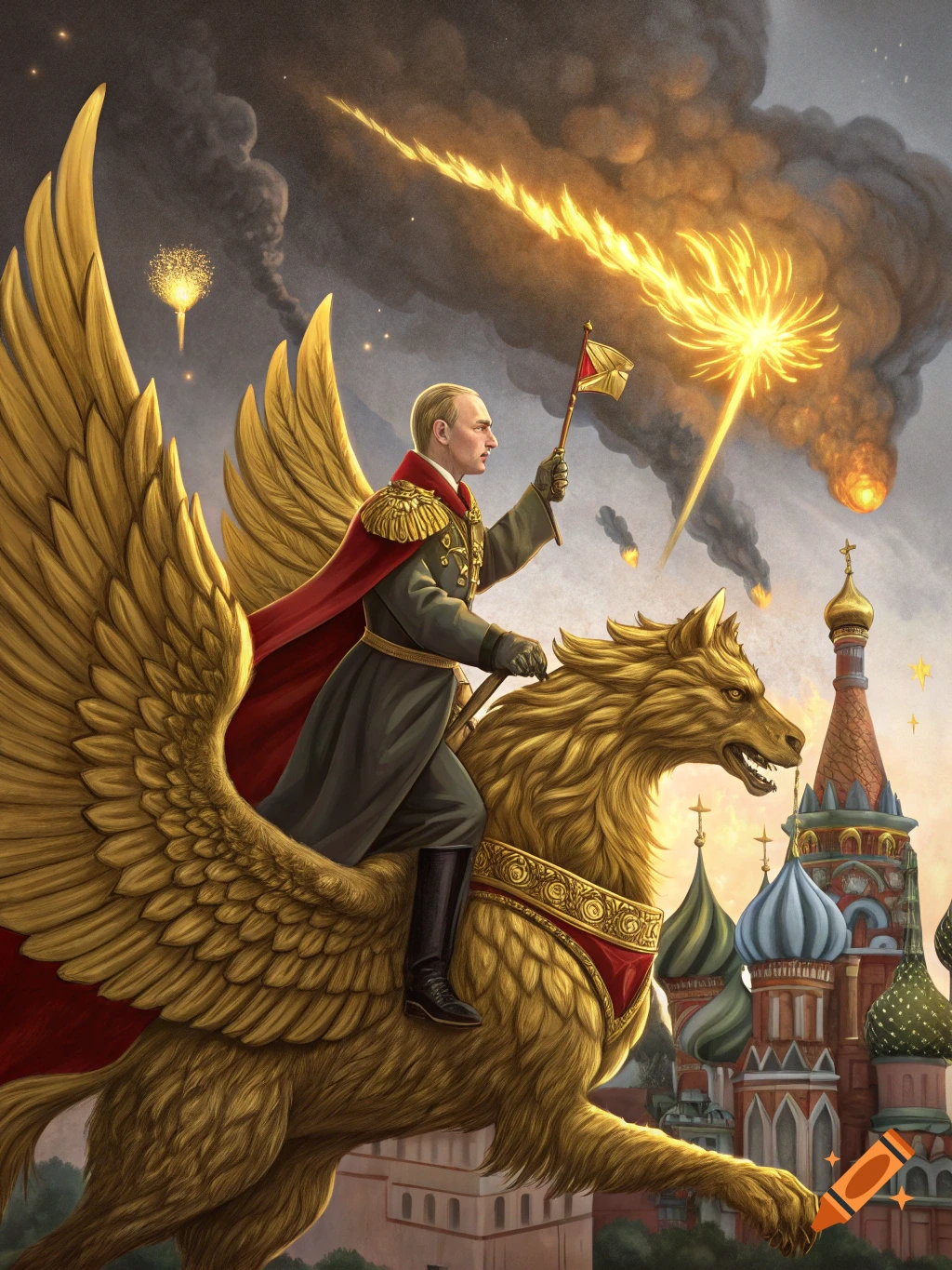 An epic, stylized image of Vladimir Putin in military uniform riding a golden griffin over the Kremlin, with bright explosions in the background.