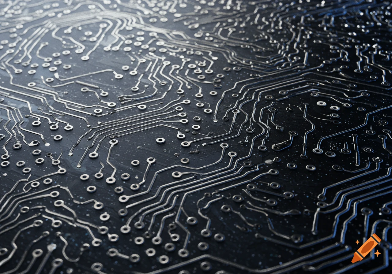 Close-up photorealistic image of intricate silver circuitry on a dark background.