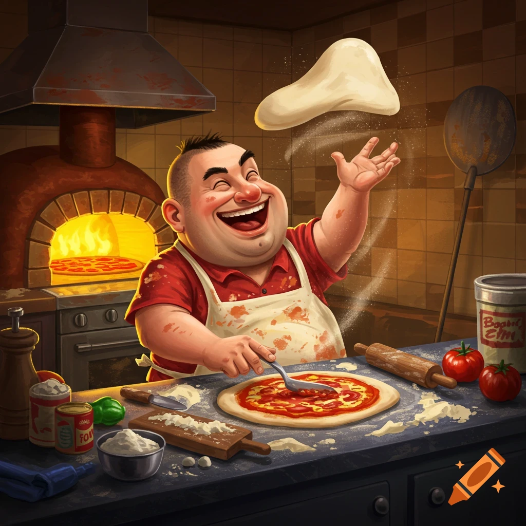 Cheerful cartoon chef making pizza in a rustic kitchen, tossing dough and spreading sauce.