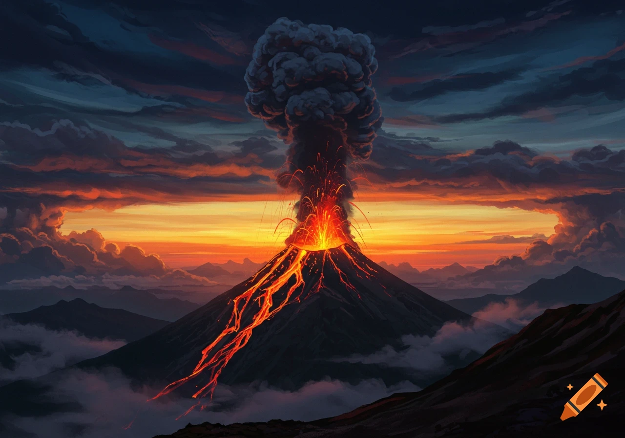 A dramatic volcanic eruption with bright orange lava flowing down the sides, a massive dark ash cloud, and a fiery sunset sky.