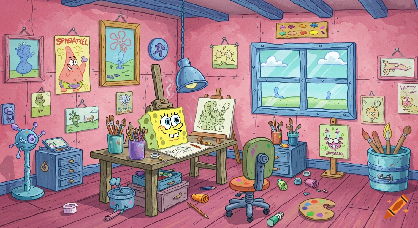 A vibrant cartoon art studio in the style of Spongebob Squarepants, filled with art supplies, easels, paintings, and drawings on pink walls.
