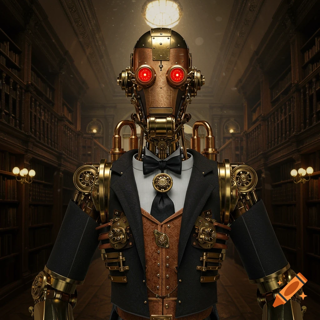 A detailed steampunk robot dressed as a butler stands in a grand, dimly lit library with tall bookshelves.
