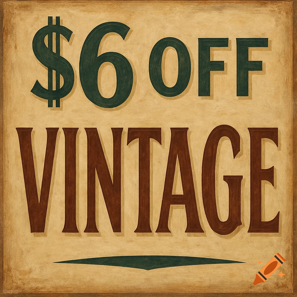 A vintage-style wooden sign with the text "$6 OFF VINTAGE" in green and brown letters.