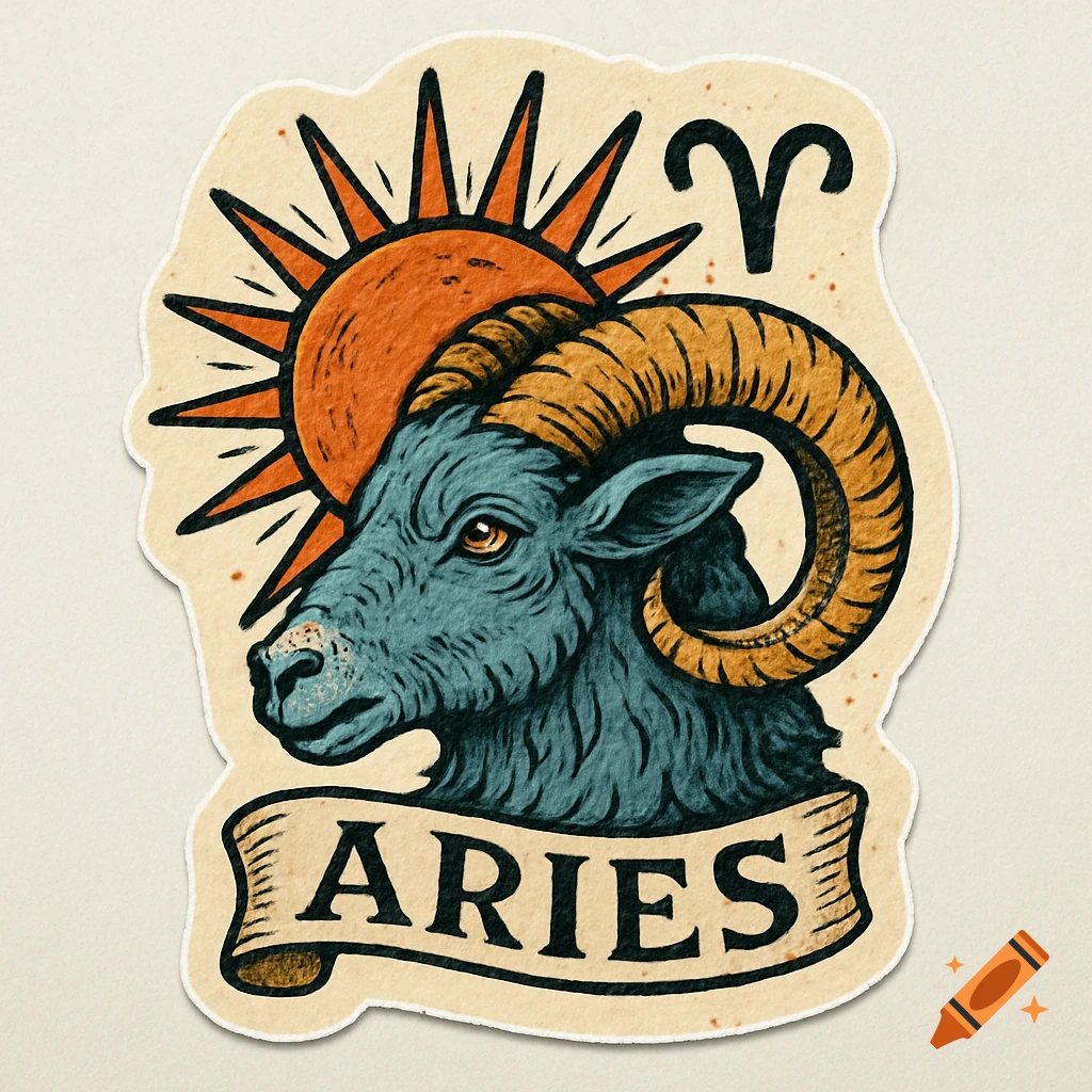 Traditional style sticker illustration of an Aries ram head with a sun, banner, and Aries symbol.