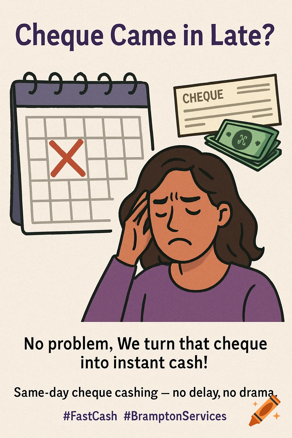 A cartoon illustration of a distressed woman, a calendar with an X, a cheque, and cash, with text about instant cheque cashing services.