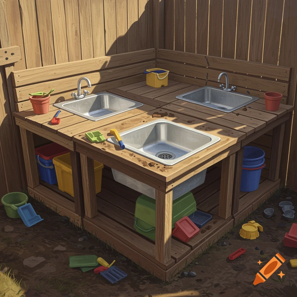 A wooden DIY outdoor mud kitchen with three metal sinks and colorful plastic toys scattered around the dirt ground.