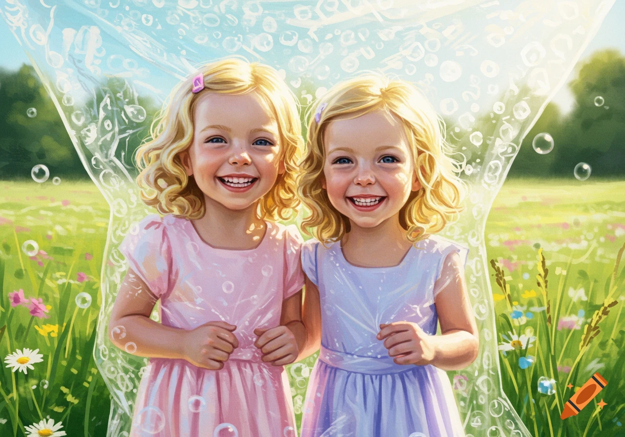 Two smiling blonde girls in pink and lavender dresses stand in a sunny field surrounded by bubbles.