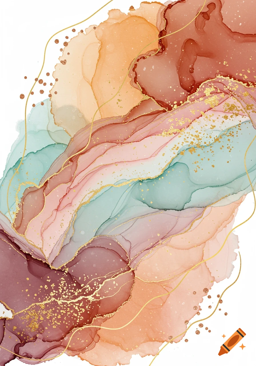 Abstract fluid art with flowing peach, teal, pink, and maroon colors, accented with gold lines and glitter on a white background.