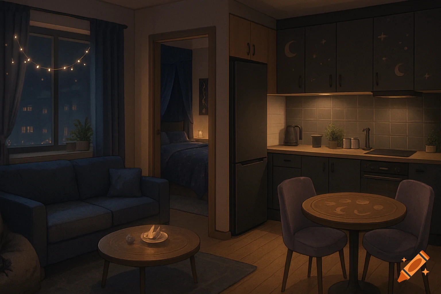 A dark, cozy apartment interior at night with a blue couch, fairy lights, and a kitchen with celestial-themed cabinets.