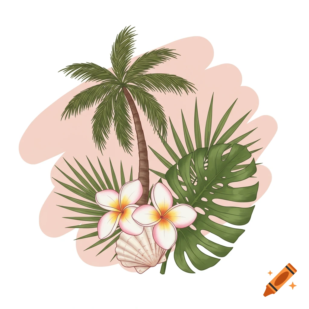 Illustration of a palm tree, frangipani flowers, a seashell, and a monstera leaf on a pink background.
