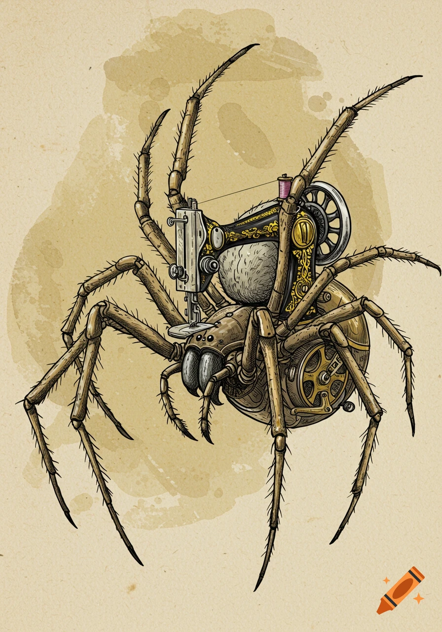 A natural history illustration of a biomechanical orb weaver spider with an antique sewing machine fused into its abdomen.