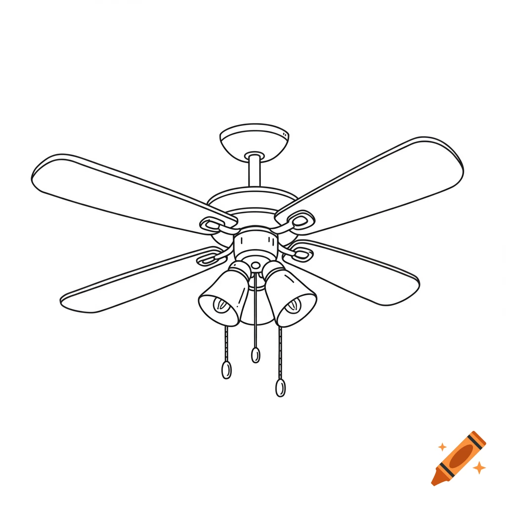 Line art drawing of a ceiling fan with four blades, three lights, and two pull chains, on a white background.