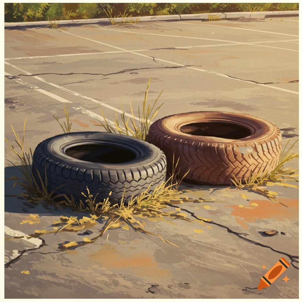 Two old tires on a cracked asphalt parking lot with grass, in a stylized painting.