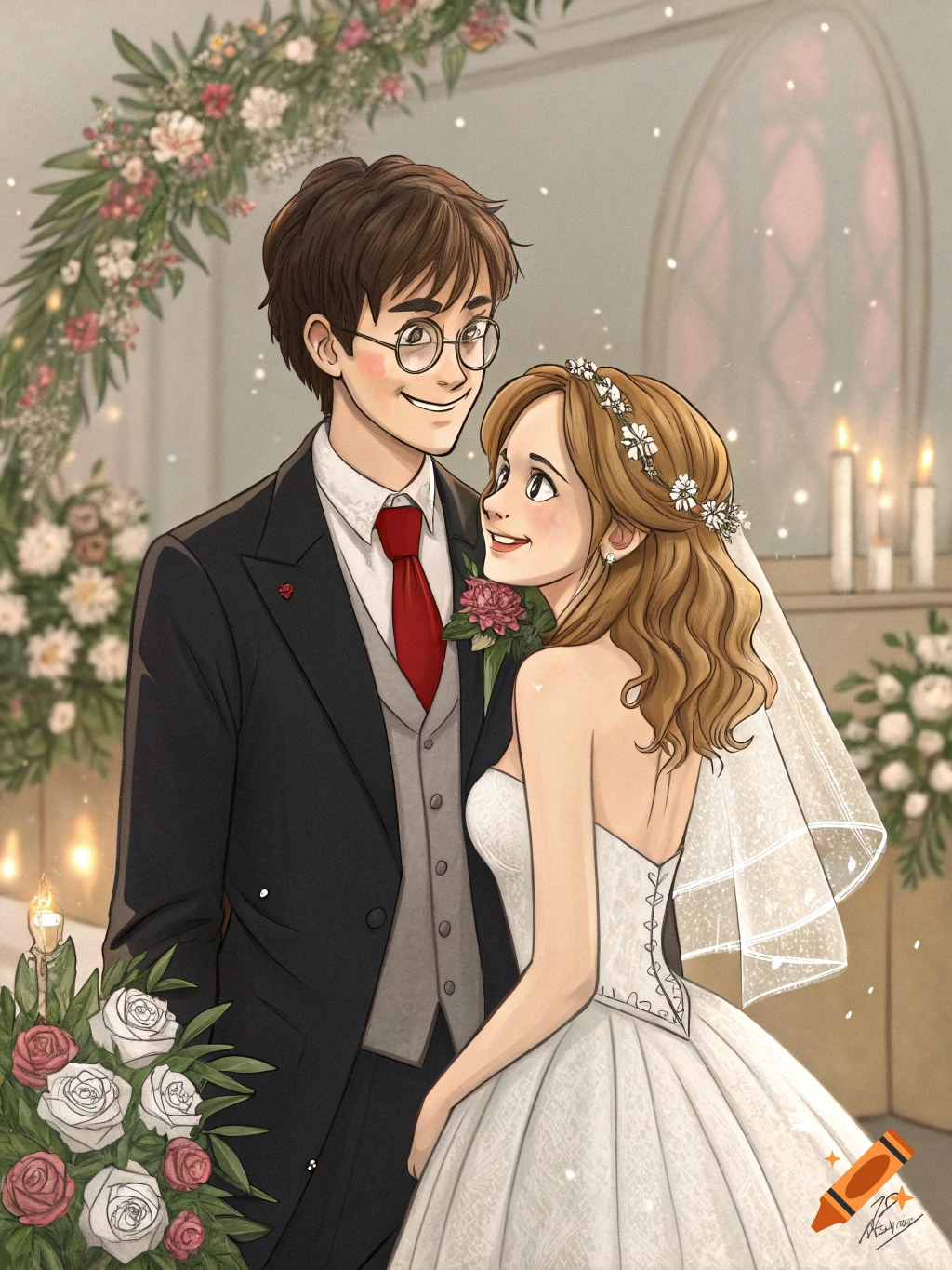 Manga style portrait of Harry Potter and Hermione Granger on their wedding day, smiling in a church setting with floral decor.