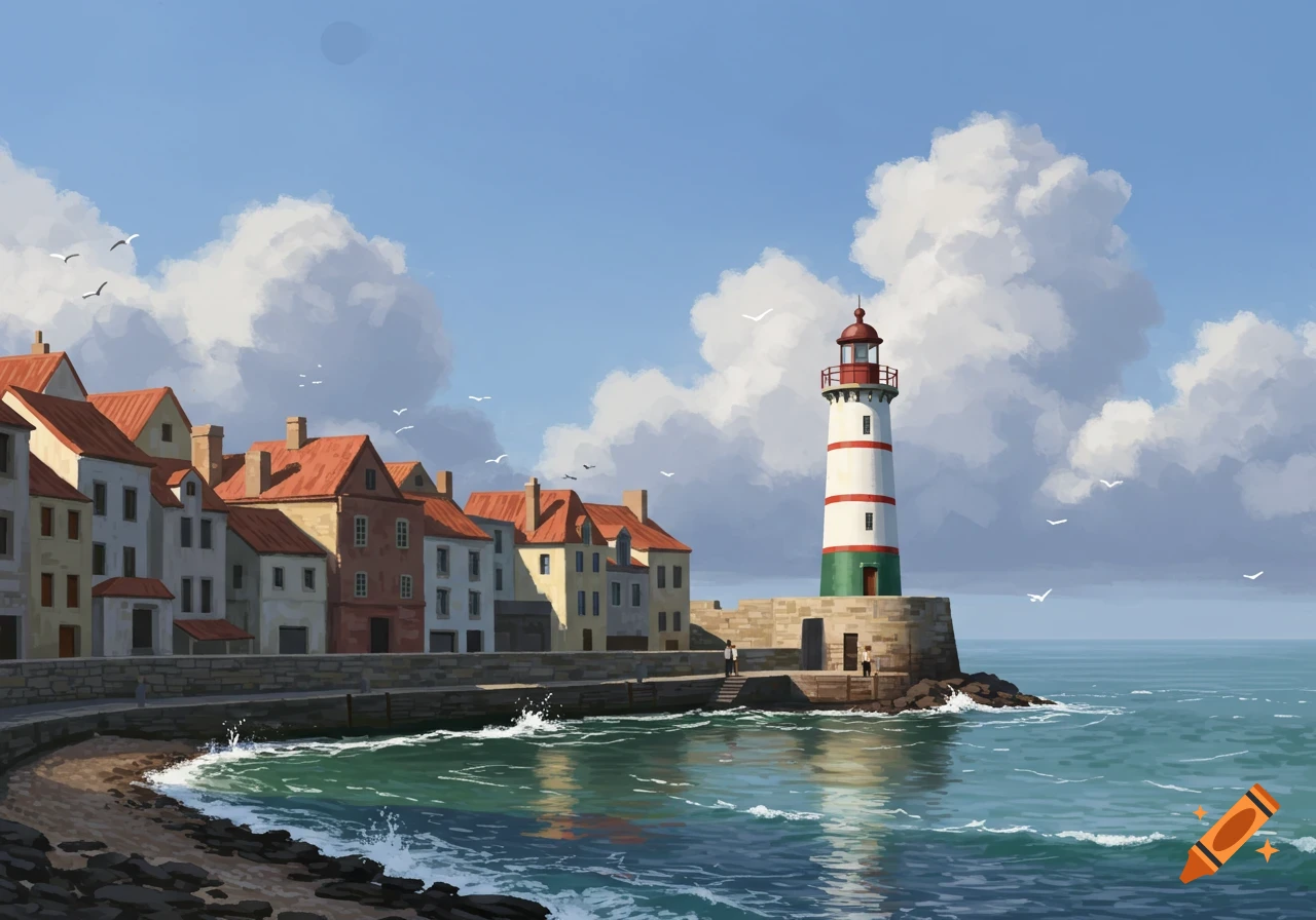 Digital art of a coastal town with a white and red striped lighthouse on a stone pier next to the ocean under a cloudy sky.