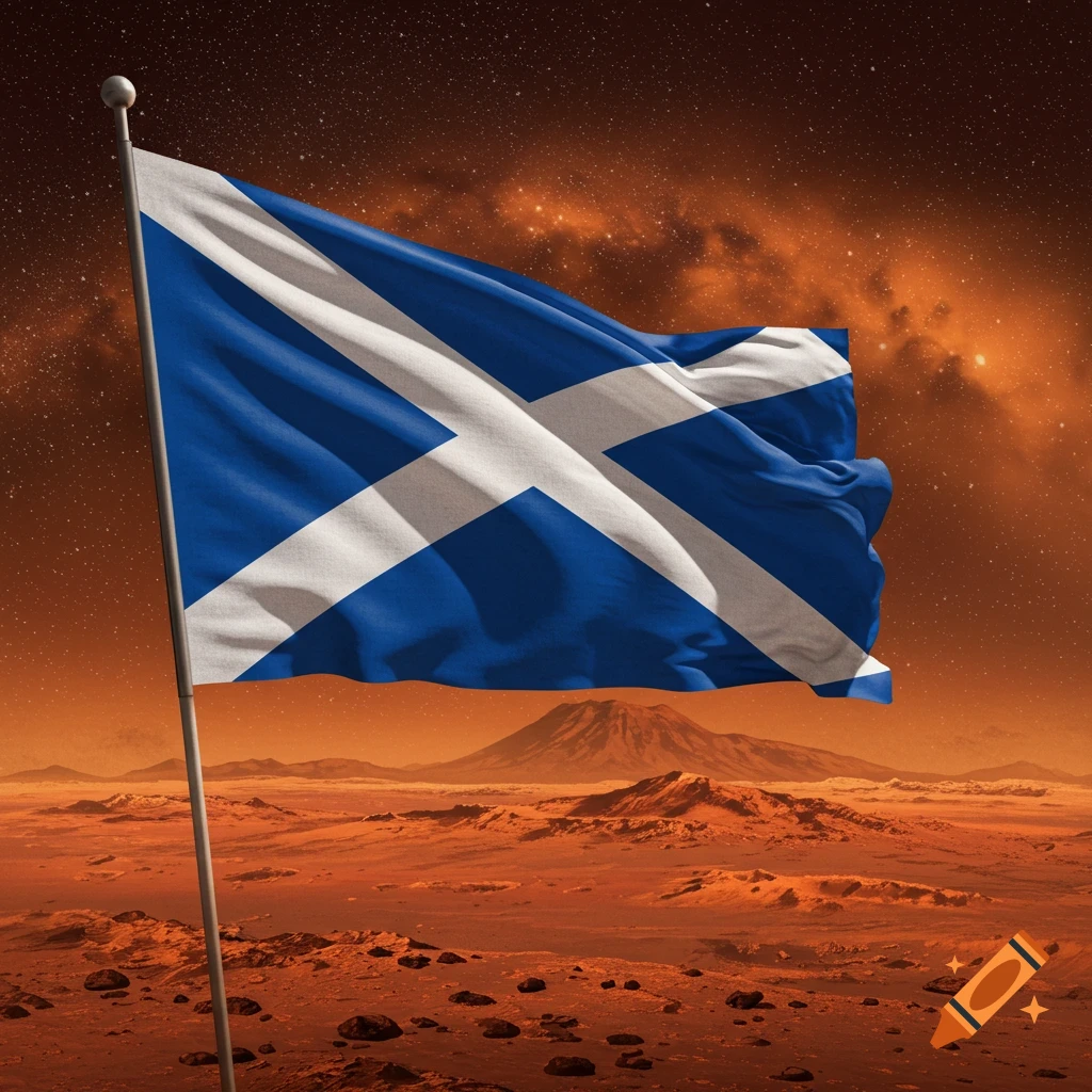 A Scottish flag waves on the dusty red surface of Mars under a starlit, orange sky, with distant mountains.