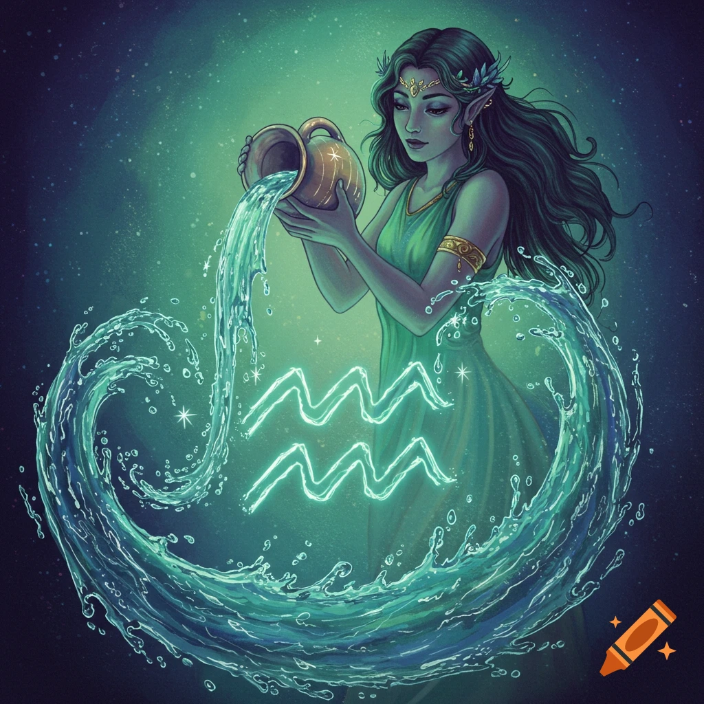 Illustration of a woman with long green hair and a green dress, pouring water from a jug, which forms the glowing Aquarius zodiac symbol.