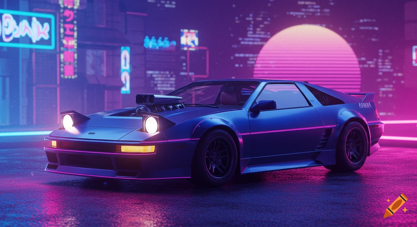 A blue cyberpunk car with pop-up headlights and a supercharger, parked on a wet street with neon city lights and a retro sun in the background.