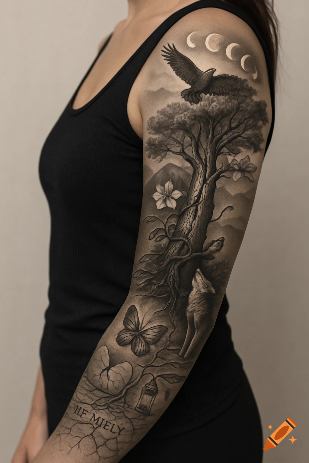Close-up of a black and grey tattoo sleeve on a woman's arm, featuring a detailed oak tree, howling wolf, soaring eagle, butterfly, moon phases, and roots.