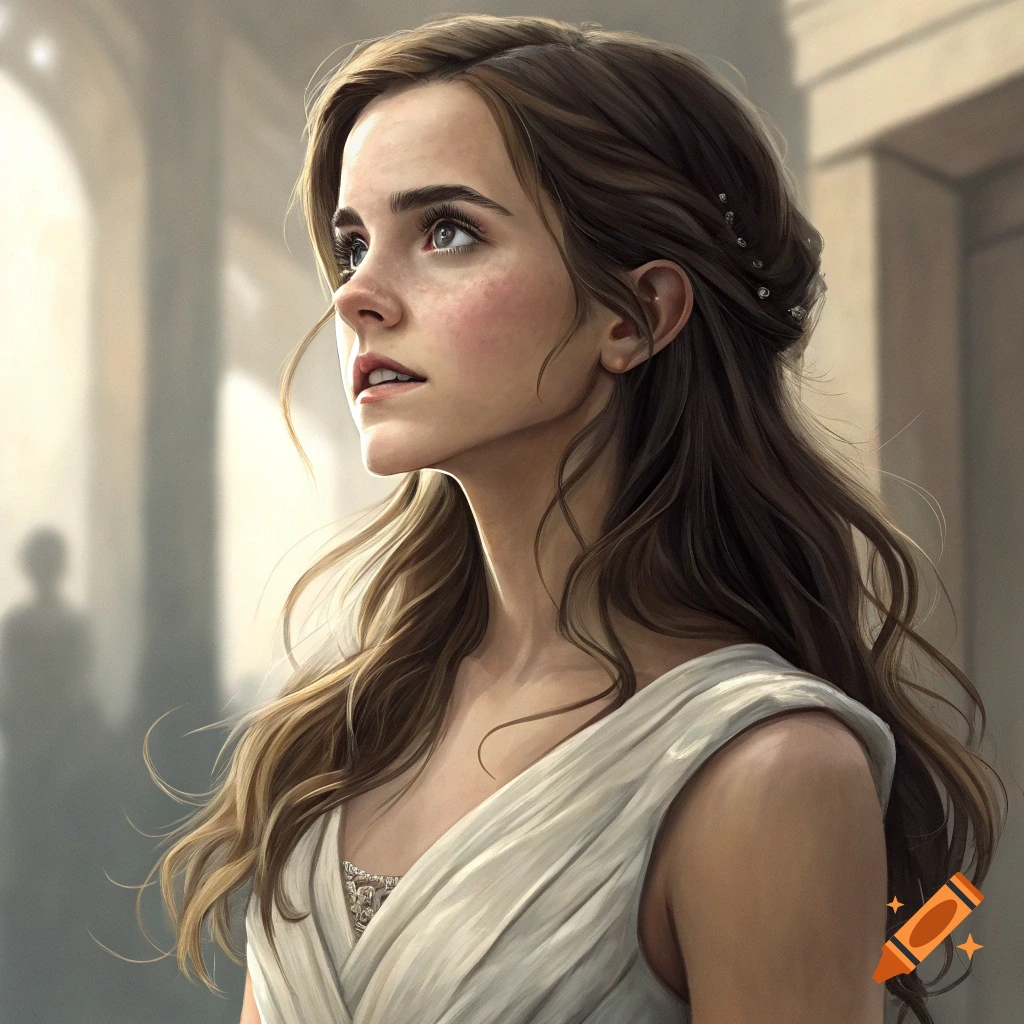 A photorealistic portrait of a young woman with long brown hair, resembling Emma Watson, wearing a white flowing dress and looking upwards, in a bright, classical architectural setting.