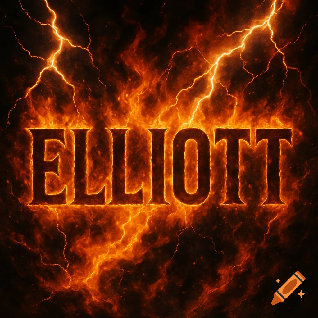 The name ELLIOTT in bold, orange letters, surrounded by fiery flames and electric lightning bolts on a dark background.