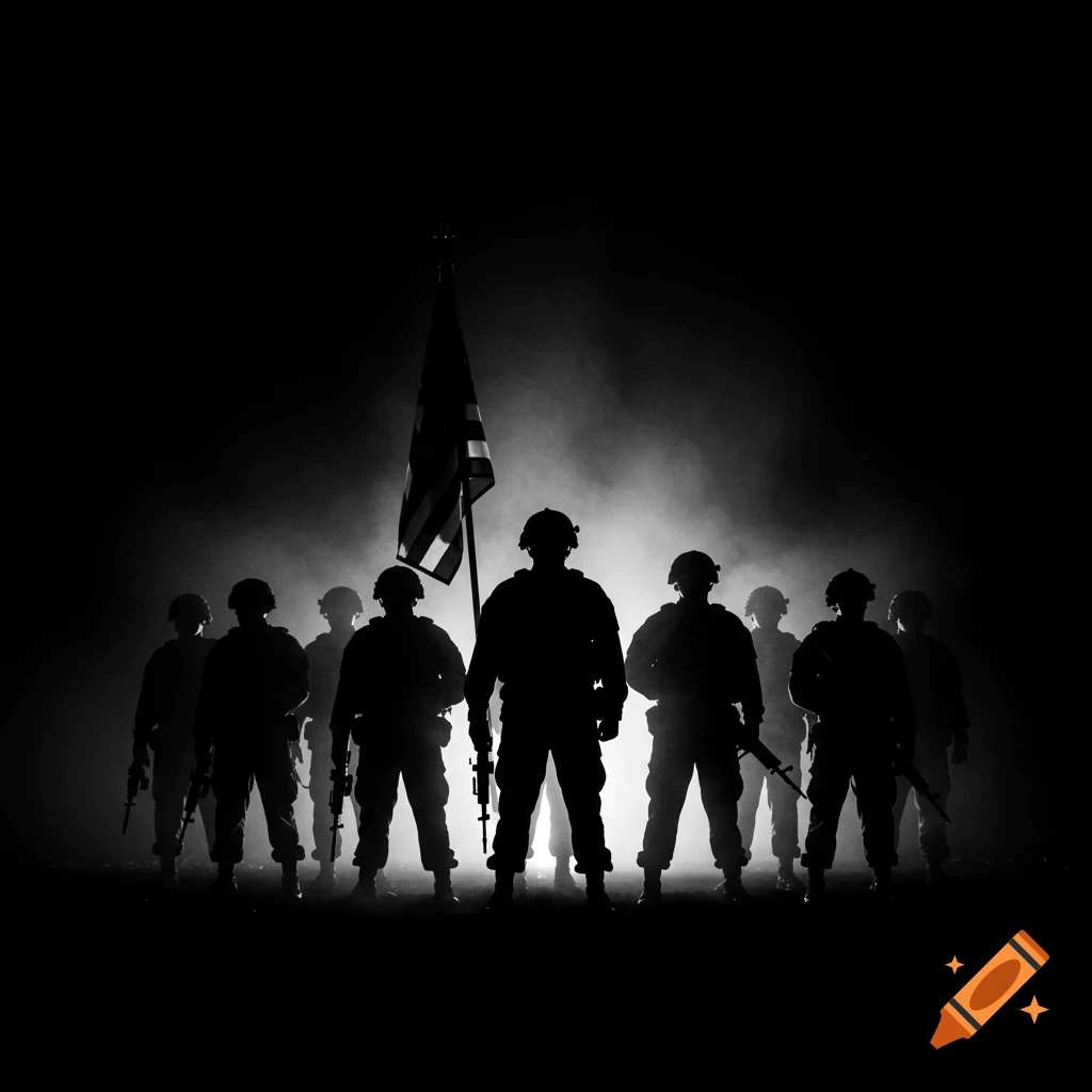 Black and white silhouette of soldiers holding an American flag in a smoky, backlit environment.