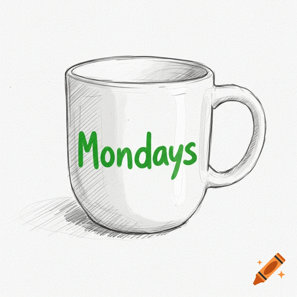A pencil sketch of a white coffee mug with the word "Mondays" written on it in green.