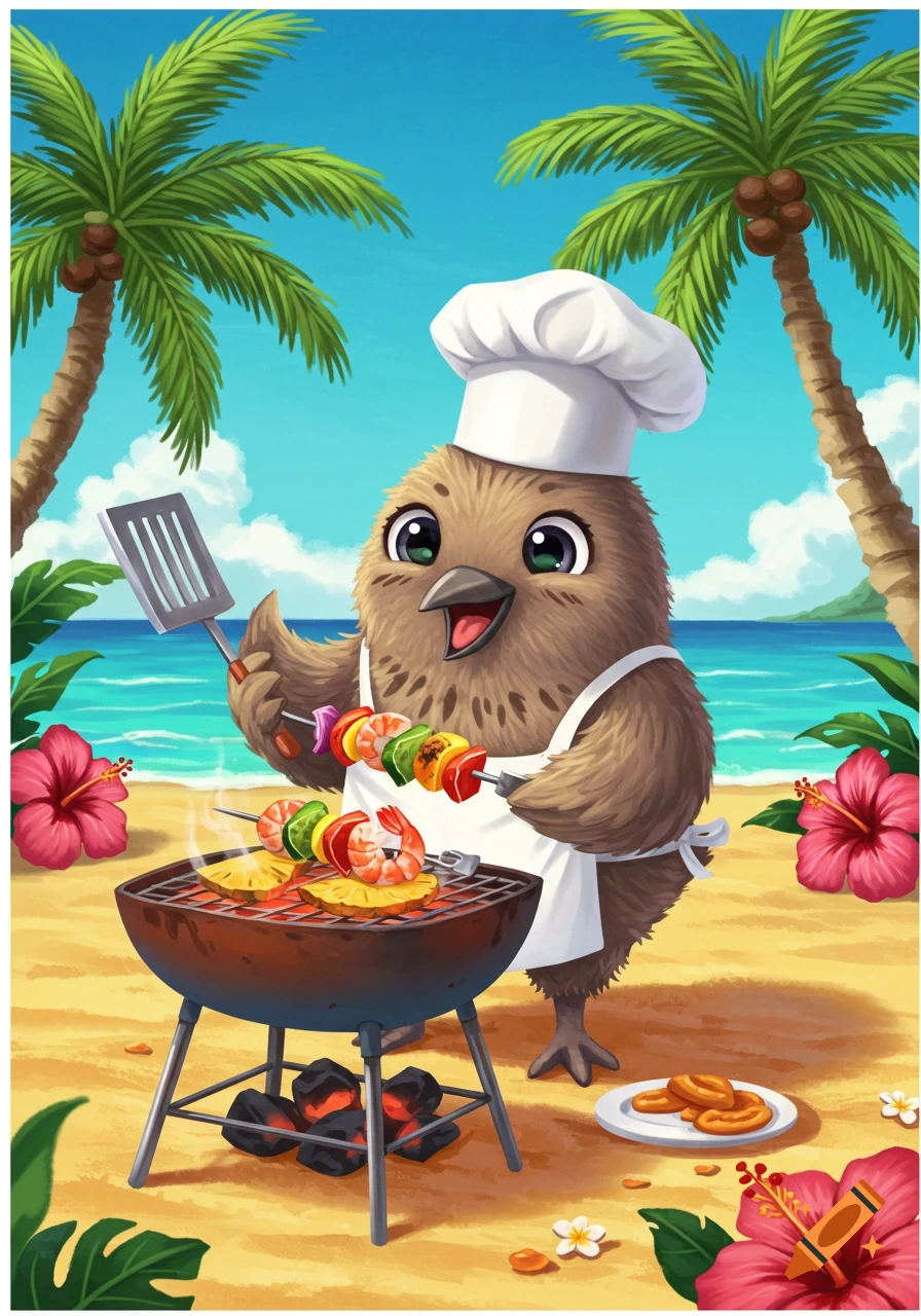 A cute cartoon kiwi bird in a chef's hat and apron cooks shrimp and pineapple skewers on a BBQ on a tropical beach with palm trees.