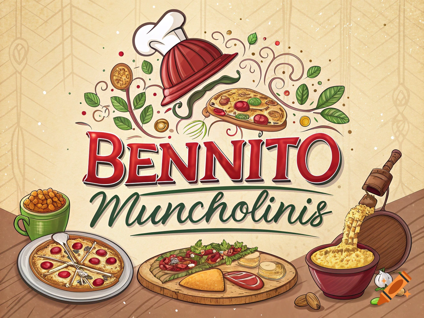 Vintage illustration for Bennito Muncholinis featuring Italian dishes, a chef's hat, and ingredients.