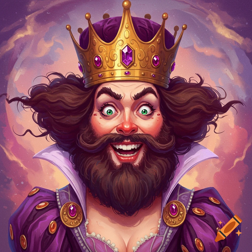 A whimsical, cartoonish portrait of a bearded king or queen wearing a large gold crown and a purple gown, with wide green eyes and a big smile against a purple sky.