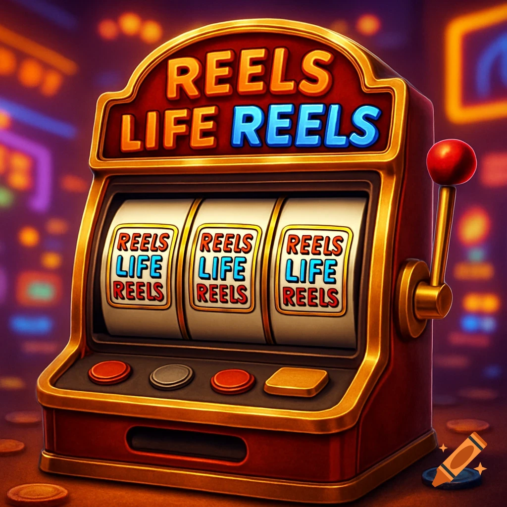 A red and gold slot machine with 'REELS LIFE REELS' displayed on its screen and reels, set against a blurry, neon-lit casino background.