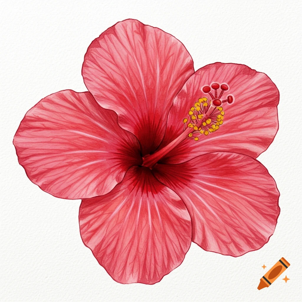 A vibrant red hibiscus flower with a yellow stamen, depicted in a detailed watercolor style on a white background.