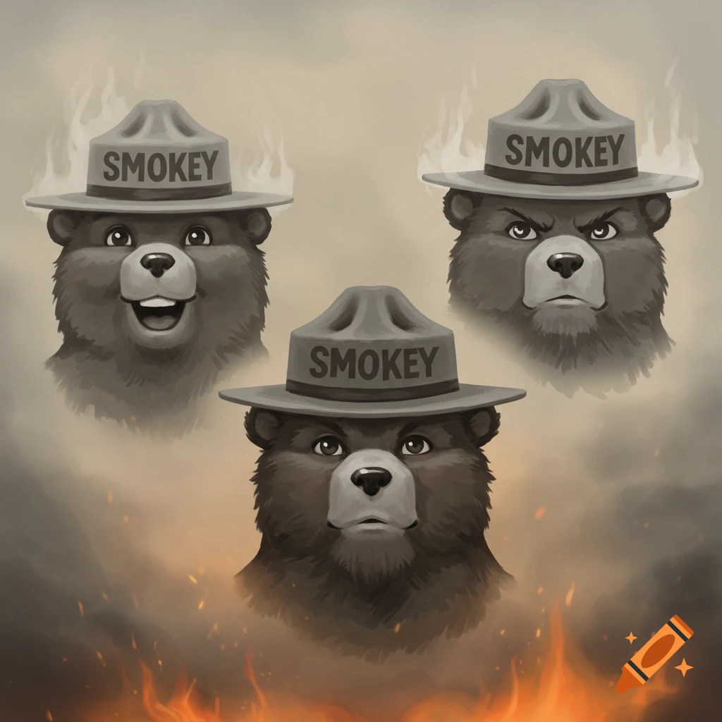 Three grayscale illustrations of Smokey the Bear's head, showing different emotions like happy, angry, and serious, with smoke and fire effects.